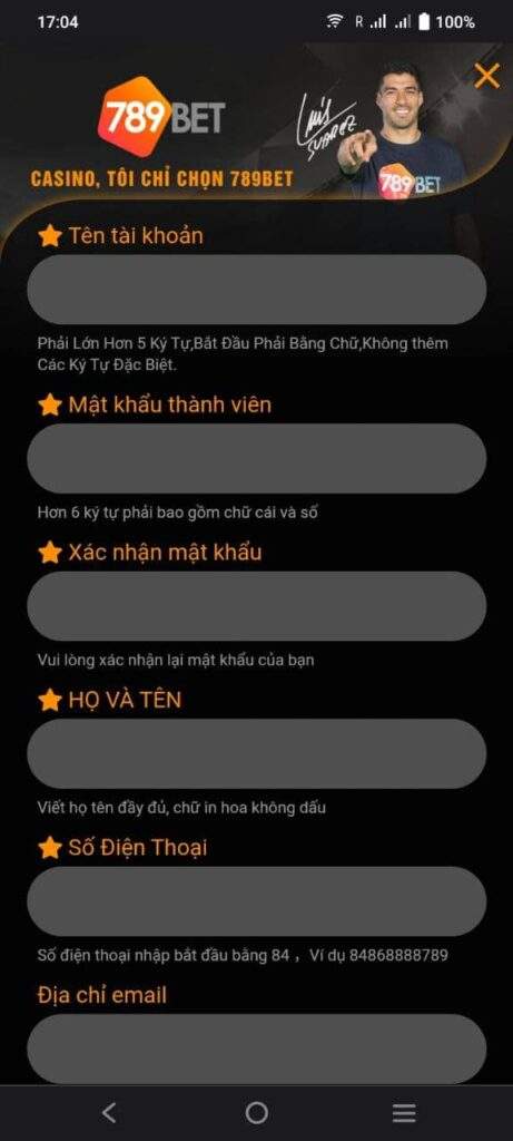 Tiến hành nhập thông tin đăng ký 789BET