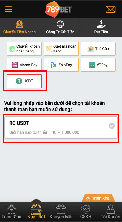 Nạp tiền qua hình thức USDT