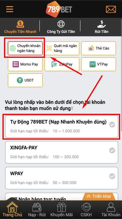 Chọn phương thức nạp tiền chuyển khoản ngân hàng